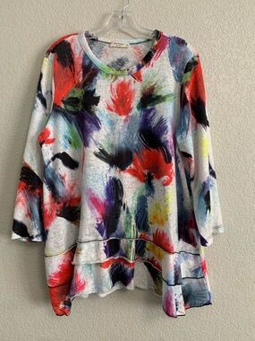 Jess Jane Tee Top Womens XL Artsy Abstract Print Layered Knit Colorful Peony